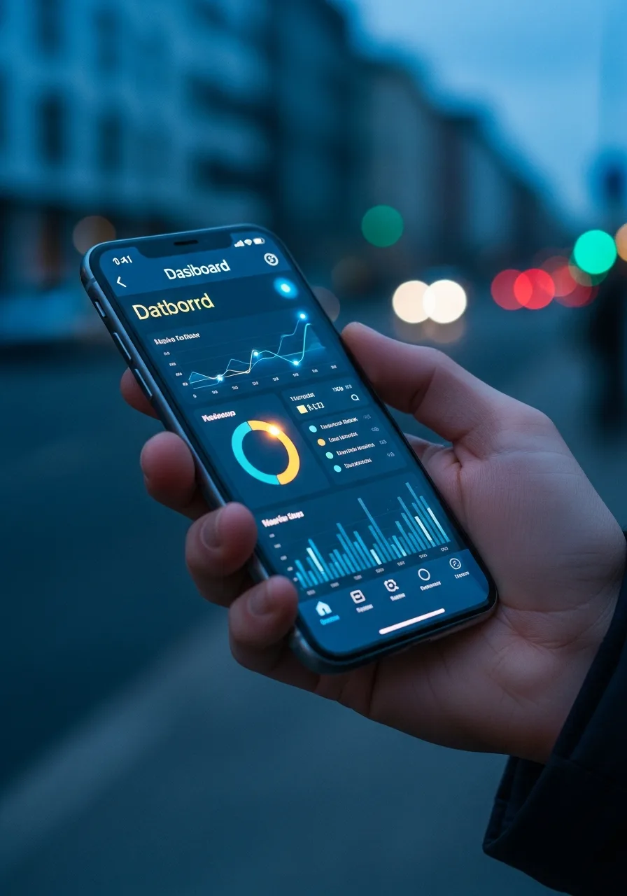 A hand holding a phone showing live click and scan analytics