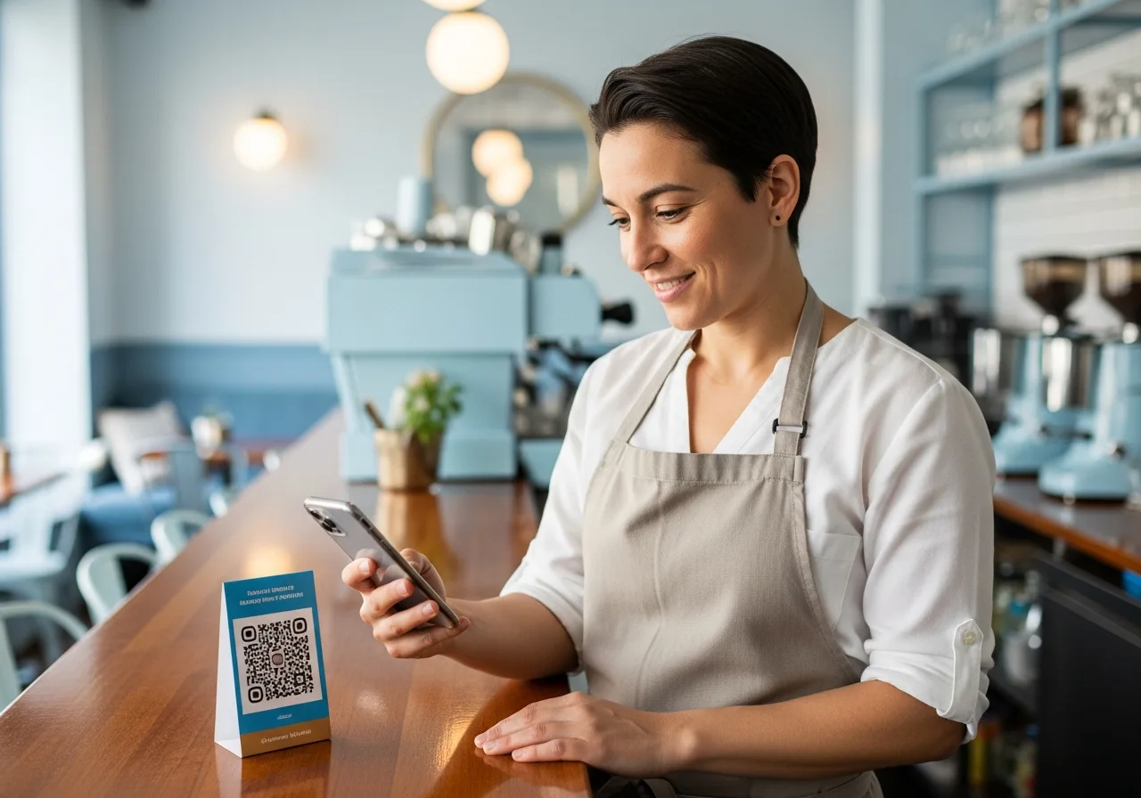 A cafe owner at the counter with a QR table tent and the Sayzio app