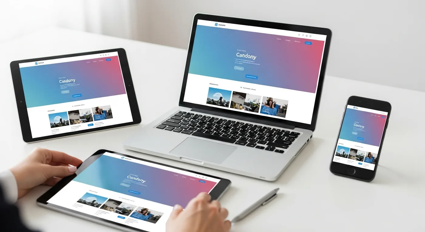 A designer comparing the same page on laptop, tablet and phone