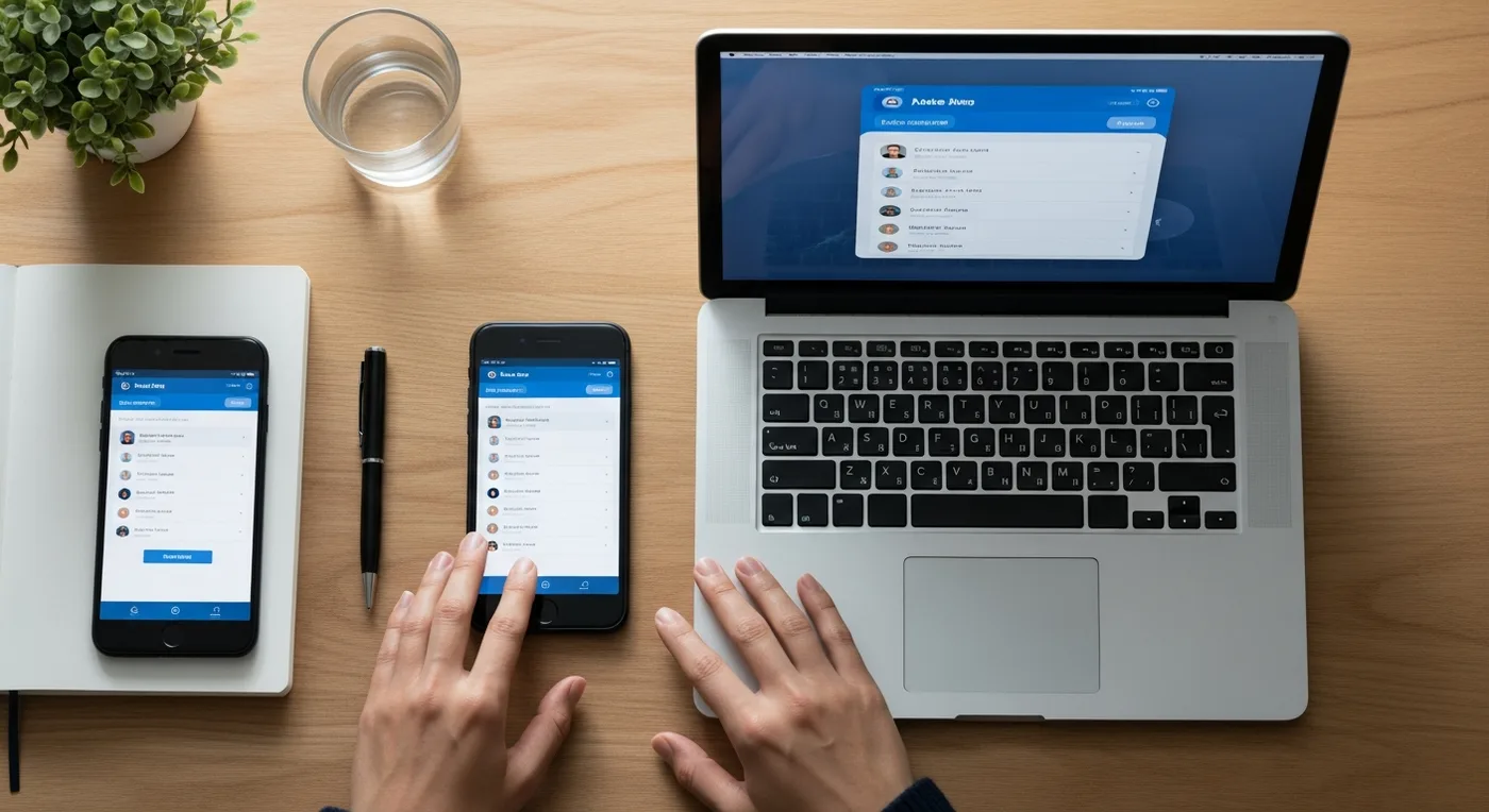 A phone and laptop side by side with matching synced contact lists