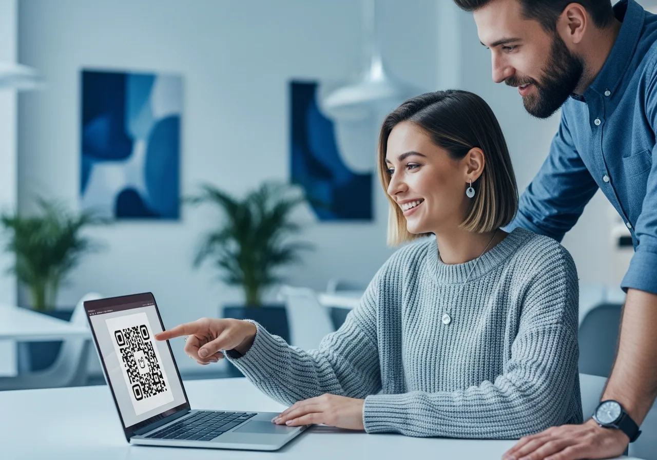 Two colleagues sharing a QR code from a laptop screen